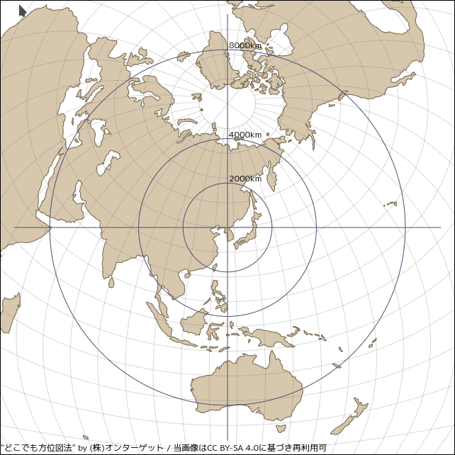 北朝鮮を中心にした正距方位図法の世界地図